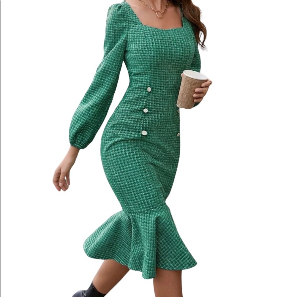 Tweed Square Neck Puff Sleeve Mermaid Dress